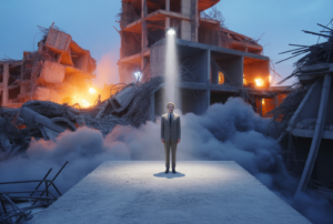 Ilustración conceptual de un líder consciente manteniendo el equilibrio ético en un entorno de polarización corporativa