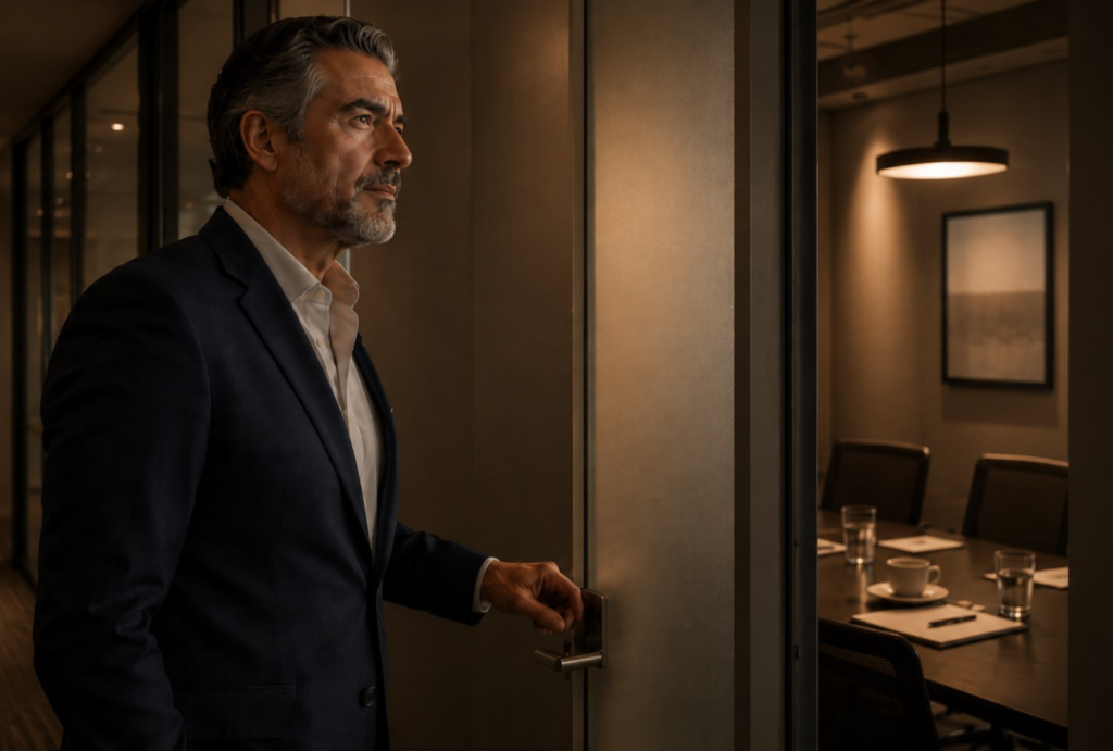 Líderes enfrentan una conversación difícil en un pasillo corporativo antes de formalizarla