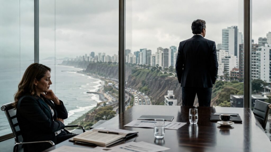 Dos ejecutivos evitando el contacto visual en una sala de juntas, reflejando conflictos entre directivos no resueltos.