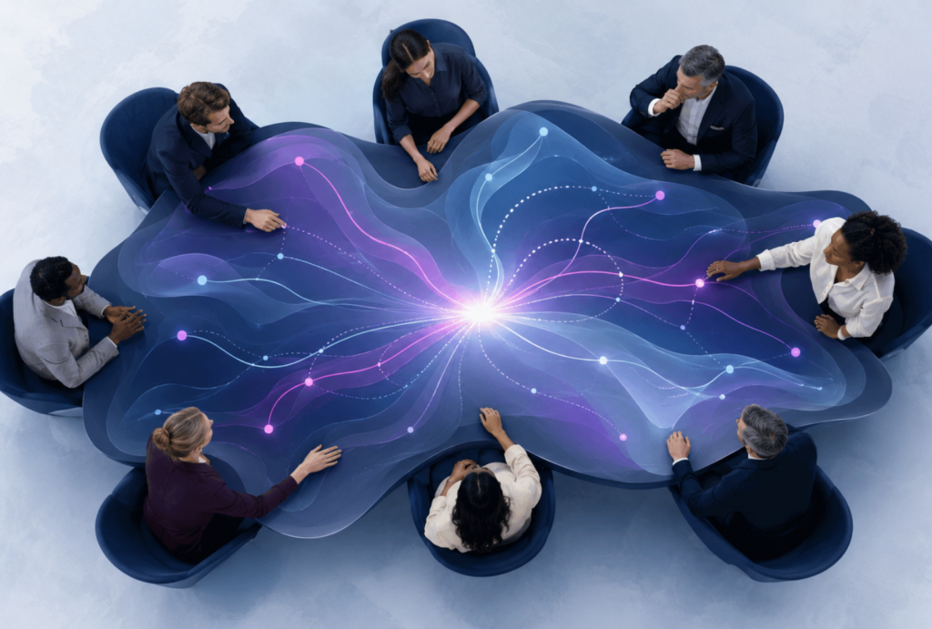 Un modelo de datos se integra con relaciones humanas para mostrar el impacto de las decisiones.