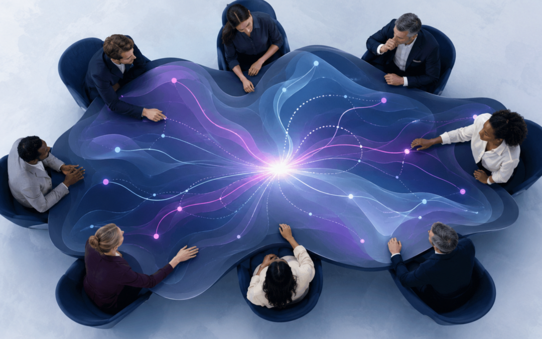 Un modelo de datos se integra con relaciones humanas para mostrar el impacto de las decisiones.