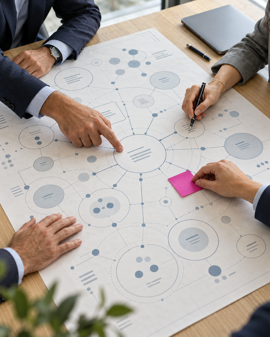 Equipo directivo trabajando sobre un plano estratégico de actores y relaciones